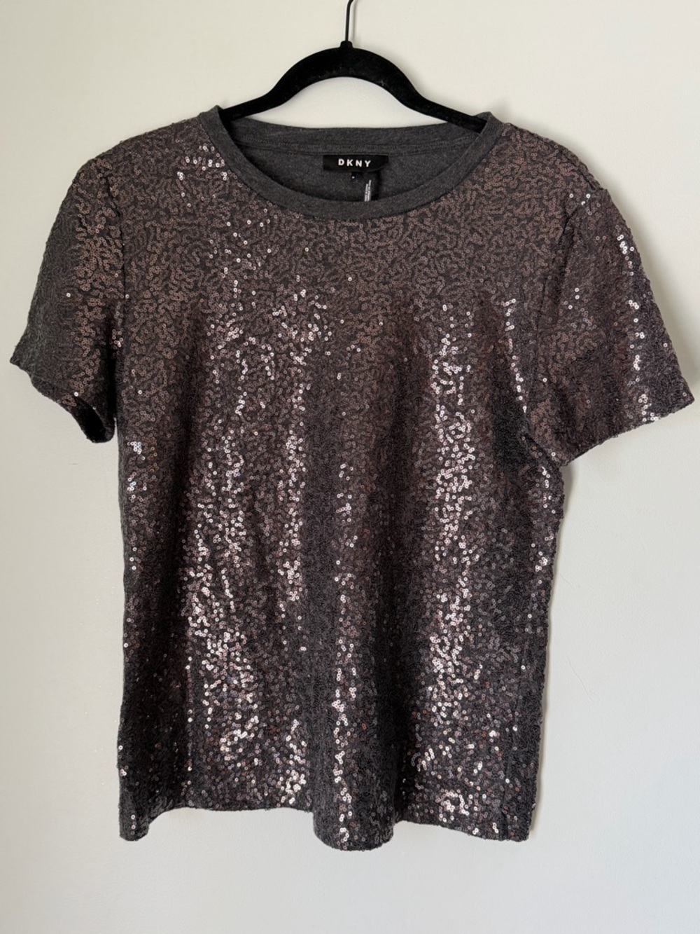 DKNY Sequin Top Medium Charcoal Metallic Short Sleeve Party Tee